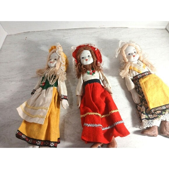 3 Vintage Porcelain Yellow & Red Dolls 9ins Tall Very Unique. - Picture 1 of 9